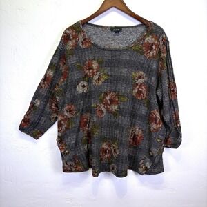 Alyx Woman's Knit Blouse Size 3X Grey Floral Casual Cottagecore Office Career